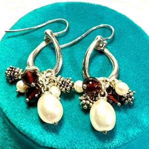 Earrings designed by Michael Dawkins w/ Pearl & faceted garnet, sterling silver